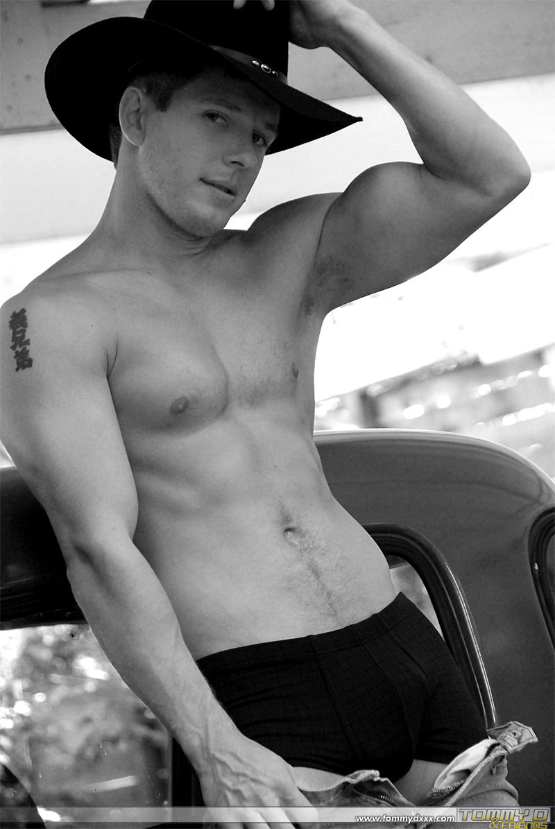 Gay amateur in a cowboy hat Tommy D shows his dick on a red truck  