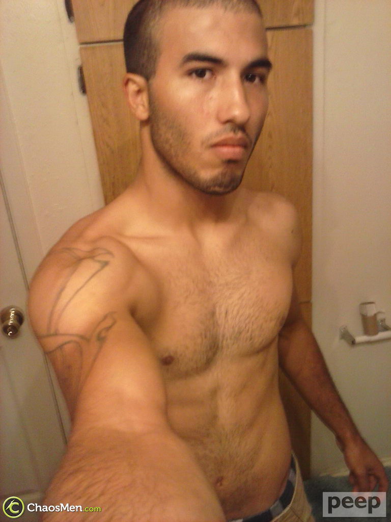 Shaved-headed gay boy Vicente takes selfies of his thick dick and hairy chest  