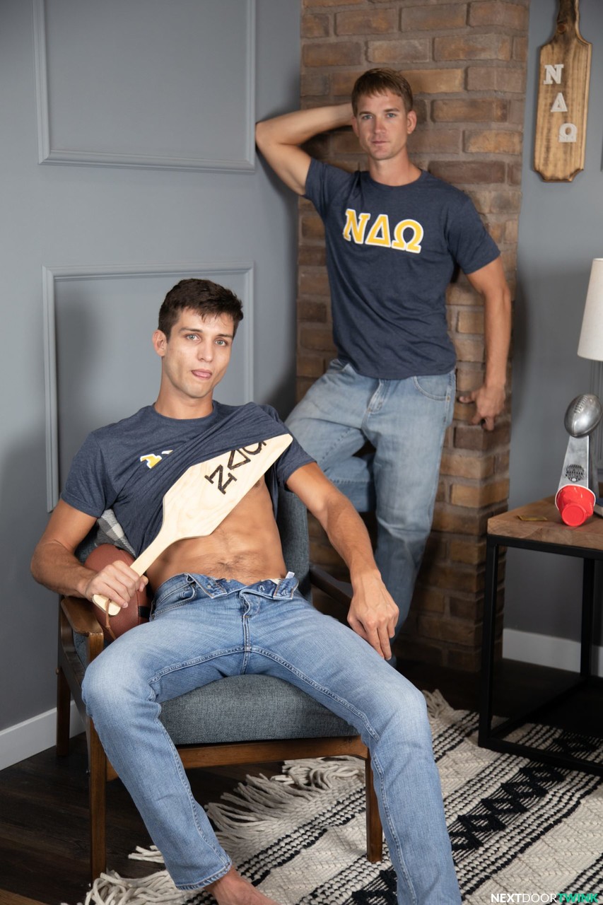 Twinks strip their tight jeans and fuck each others asses in a gay orgy  