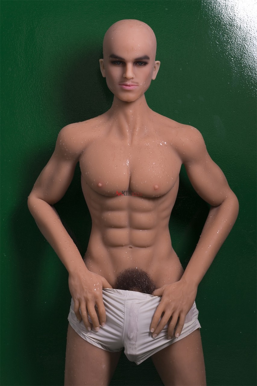 Brunette male sex doll Lucas shows off his lean body & hairy dick  