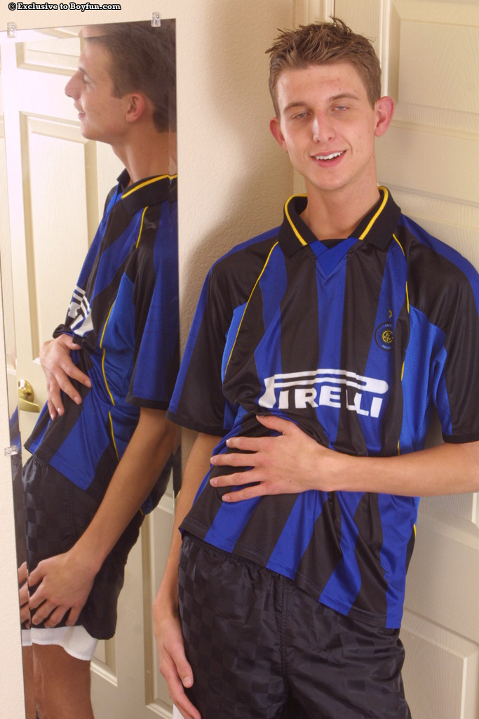 Skinny twink soccer player Julian shows his body and masturbates  