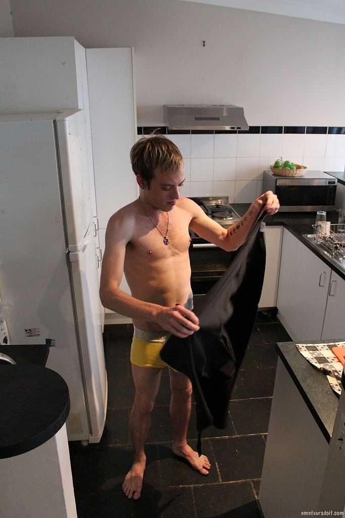 Slender blond gay Hunter Hashtag shows his big prick and grabs it in a solo  
