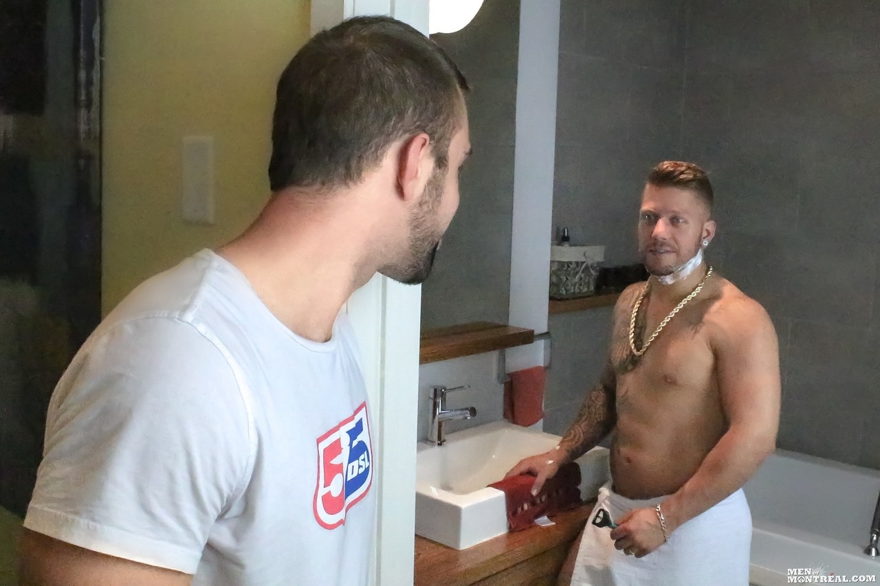 Gay brunette Alec Leduc gets his face fucked & booty toyed by inked Mam Steel  